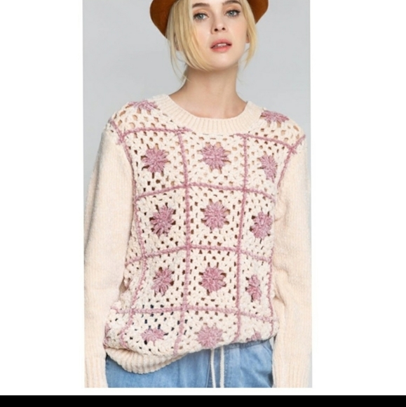 POL CROCHET Square Block With Flower SOFT chenille feel sweater TOP - Picture 4 of 8